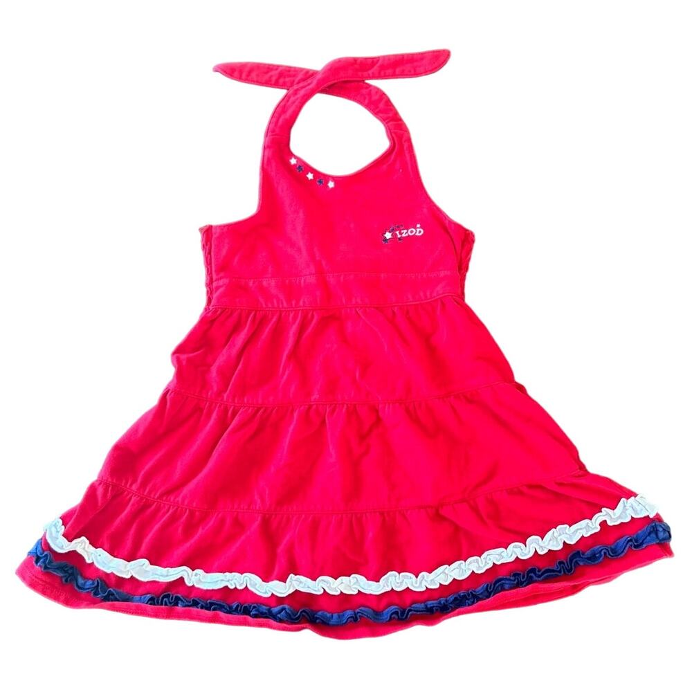 IZOD Halter Dress Toddler Girls 24M Red Tiered Ruffle Star Embroidered July 4th